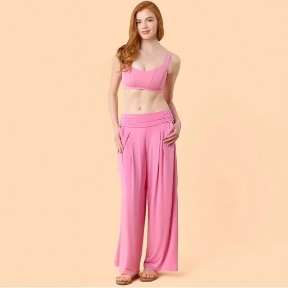 New Blogilates Women's Homebody Foldover Wide Leg Pants Pink Large (8-10) - Picture 4 of 8